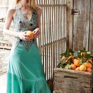 Anthropologie Teal Paisley V-Neck Sleeveless Maxi Dress